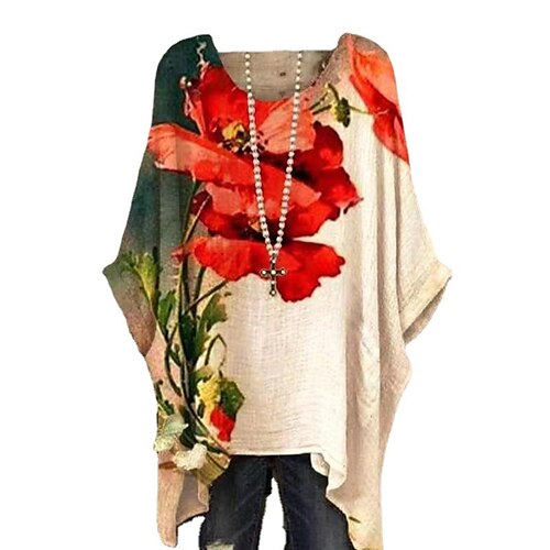 

Women's Plus Size Tops Tunic Floral Patchwork Print 3/4 Length Sleeve Crewneck Streetwear Daily Going out Polyester Fall Winter Red / Loose