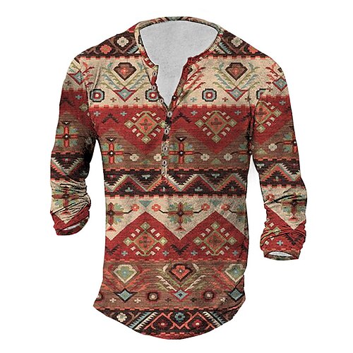 

Men's T shirt Tee Henley Shirt Tee Graphic Tribal Henley Red Long Sleeve 3D Print Plus Size Outdoor Daily Button-Down Print Tops Basic Boho Classic Comfortable / Sports