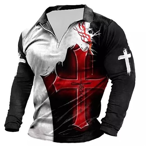 

Men's Collar Polo Shirt Golf Shirt Cross Turndown White 3D Print Outdoor Street Long Sleeve Zipper Print Clothing Apparel Fashion Designer Casual Breathable
