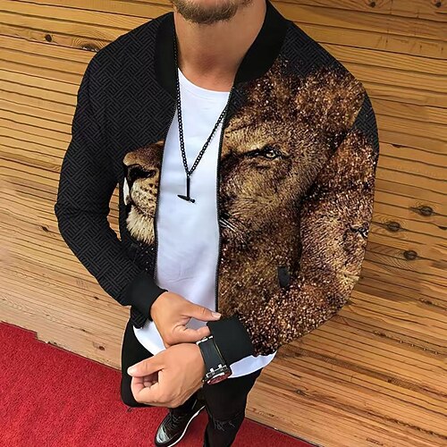 

Men Casual Jacket Warm Party Evening Zipper Animal Patterned Jigsaw 3D Printed Graphic Crewneck Stylish Jacket Outerwear Long Sleeve Slim Fit Without Lining Fall