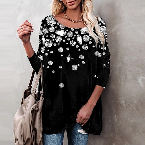 

Women's T shirt Tee Graphic Patterned Casual Weekend Painting T shirt Tee Long Sleeve Print Round Neck Basic Black S / 3D Print