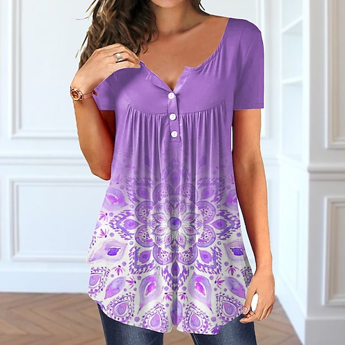 

Women's T shirt Tee Green Blue Purple Graphic Button Flowing tunic Short Sleeve Casual Weekend Basic V Neck Long Painting S / 3D Print / Print