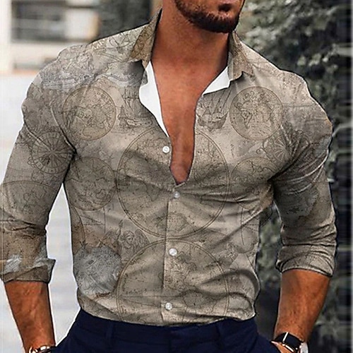 

Men's Shirt Graphic Shirt Map Turndown Beige 3D Print Outdoor Street Long Sleeve Button-Down Print Clothing Apparel Fashion Designer Casual Breathable