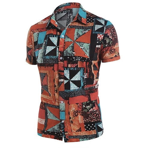 

Men's Shirt Summer Hawaiian Shirt Geometry Turndown Orange 3D Print Outdoor Street Short Sleeves Button-Down Print Clothing Apparel Vintage Designer Casual Retro / Spring