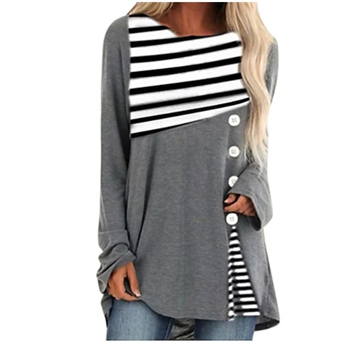 

Women's Blouse Red Blue Green Striped Button Print Long Sleeve Casual Weekend Basic Round Neck Long Painting S