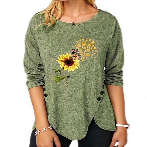 

Women's Plus Size Tops T shirt Tee Butterfly Sunflower Print Long Sleeve Crewneck Casual Daily Going out Cotton Blend Fall Winter Green Black