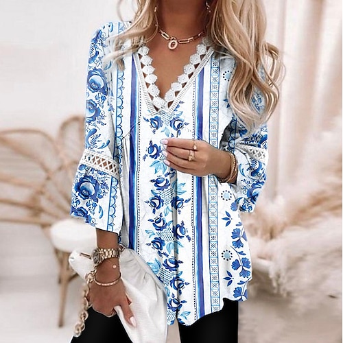 

Women's Blouse Floral Daily Weekend Floral Blouse Shirt 3/4 Length Sleeve Lace Trims Flowing tunic Print V Neck Casual Streetwear Blue S / 3D Print