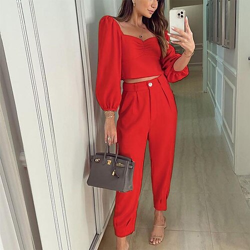 

Women's Pants Sets Matching Sets Tapered pants Active Streetwear Black Pink Office Casual Solid Color Square Neck S M L XL 2XL