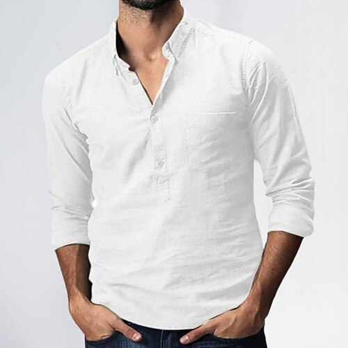 

Men's Linen Shirt Golf Shirt Solid Color Stand Collar Army Green Navy Blue White Street Daily Long Sleeve Button-Down Clothing Apparel Fashion Casual Comfortable