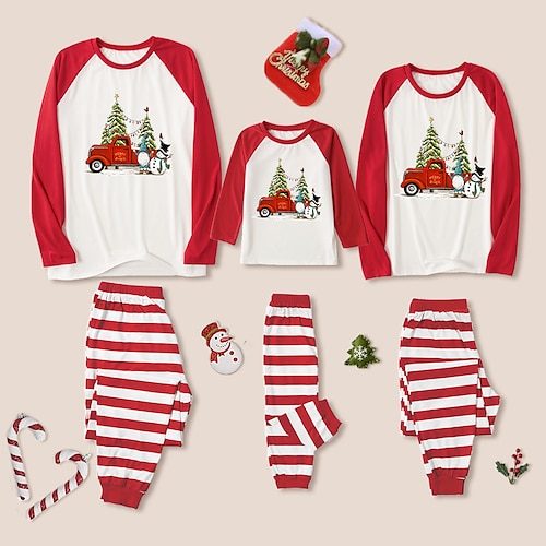 

Christmas Pajamas Family Set Ugly Christmas Tree Striped Christmas pattern Daily Patchwork Red Long Sleeve Mom Dad and Me Adorable Matching Outfits Spring Fall Print