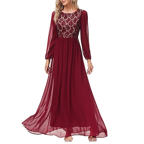 

A-Line Evening Dresses Empire Dress Party Wear Floor Length Long Sleeve Jewel Neck Chiffon V Back with Sequin Splicing 2022 / Prom / Sparkle & Shine