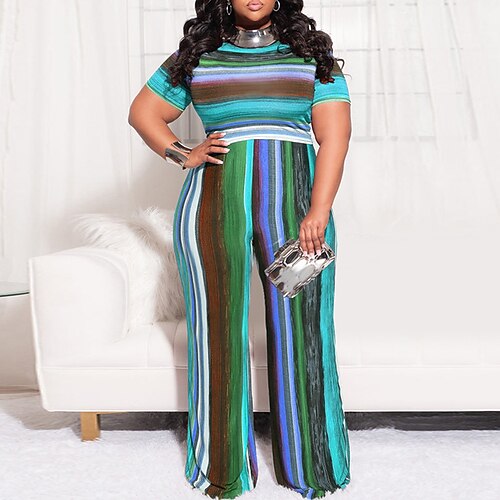 

Women's Plus Size Tops Plus Size Set Striped Print Short Sleeve Crewneck Streetwear Daily Vacation Polyester Spring Summer Blue Yellow