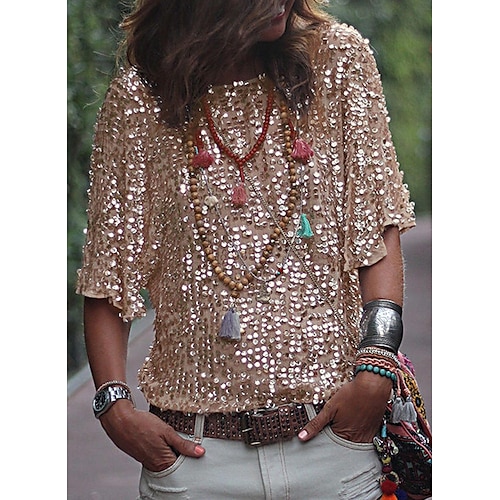 

Women's Shirt Plain Daily Weekend Shirt Short Sleeve Sequins Round Neck Casual Streetwear Gold S