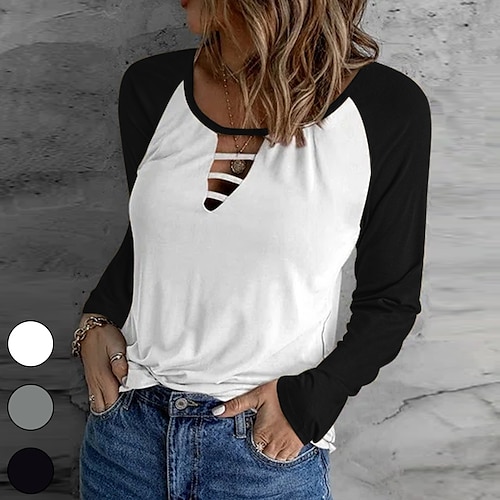 

Women's T shirt Tee Color Block Casual Weekend T shirt Tee Long Sleeve Cut Out Patchwork Round Neck Basic White Black Gray S