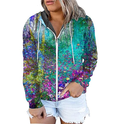 

Women's Plus Size Tops Hoodie Sweatshirt Floral Zipper Print Long Sleeve Hooded Streetwear Daily Vacation Polyester Fall Winter Green Blue / 3D Print