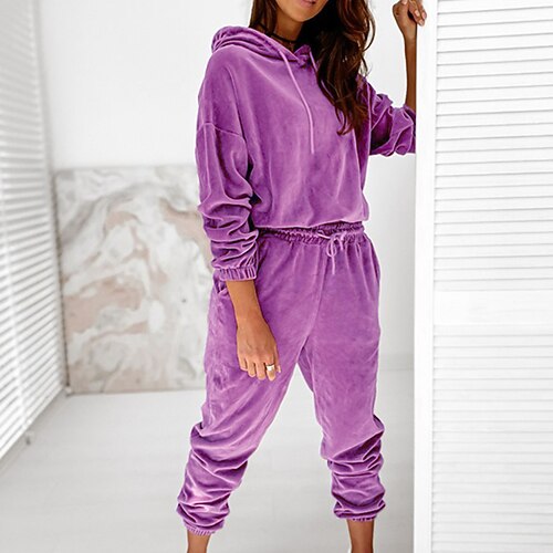 

Women's Loungewear Sets Winter 2 Pieces Pure Color Sport Comfort Home Daily Polyester Hoodie Long Sleeve Pant Pocket Hoodie Winter Fall Purple Wine