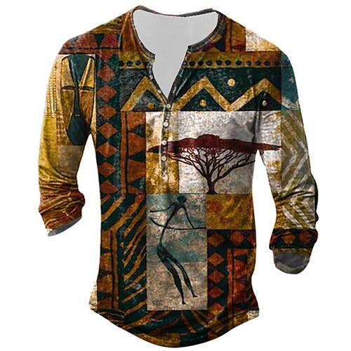 

Men's T shirt Tee Henley Shirt Tee Graphic Henley Brown Long Sleeve 3D Print Plus Size Outdoor Daily Button-Down Print Tops Basic Designer Classic Comfortable / Sports