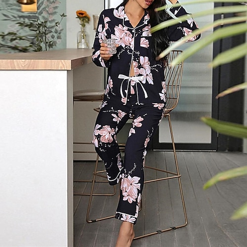 

Women's Pajamas Sets Nighty Pjs 2 Pieces Flower Fashion Comfort Home Bed Rayon Lapel Long Sleeve Shirt Pant Button Elastic Waist Fall Spring Black