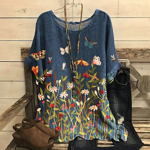 

Women's Blouse Shirt Tunic Navy Blue Floral Butterfly Flowing tunic Print Short Sleeve Daily Weekend Streetwear Casual Round Neck Regular Floral Butterfly S