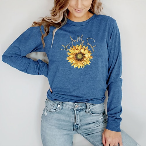 

Women's T shirt Tee Graphic Sunflower Letter Casual Daily Holiday Floral T shirt Tee Long Sleeve Print Round Neck Basic Green Black Blue S