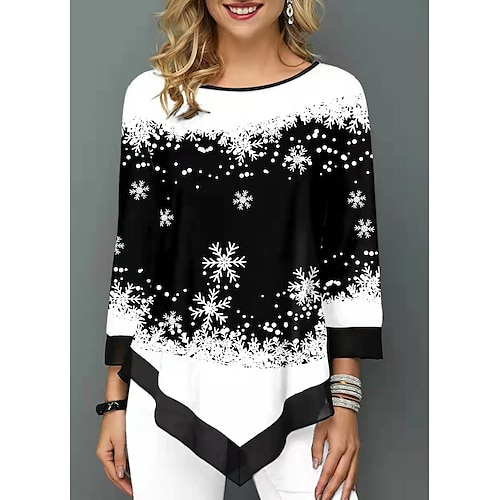 

Women's Shirt Snowflake Christmas Tree Holiday Weekend Shirt Long Sleeve Asymmetric Print Round Neck Casual Christmas White Black Wine S / 3D Print