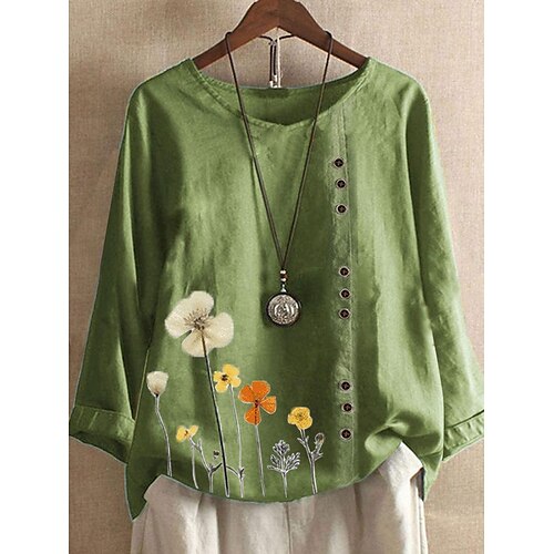 

Women's Blouse Shirt Grass Green Tian Lan Smoke green Floral Button Print Long Sleeve Holiday Weekend Streetwear Casual Round Neck Regular Floral S / 3D Print