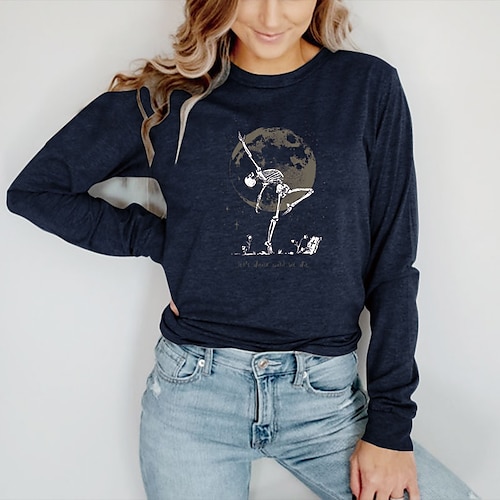 

Women's T shirt Tee Graphic Skull Letter Halloween Casual Daily T shirt Tee Long Sleeve Print Round Neck Halloween Green Black Blue S