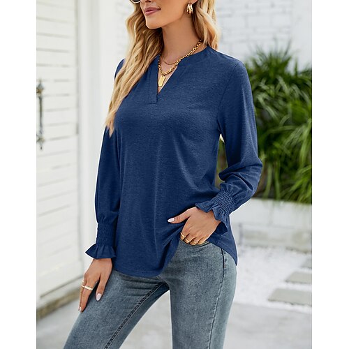 

Women's Blouse Green Purple Pink Plain Long Sleeve Casual Weekend Basic V Neck Regular S