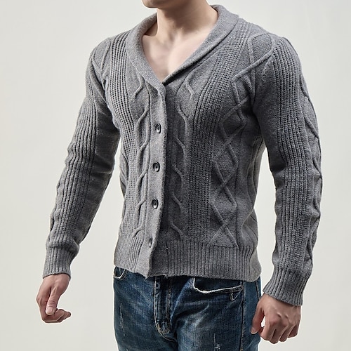 

Men's Sweater Cardigan Sweater Cable Knit Button Knitted Pure Color Shirt Collar Stylish Casual Daily Holiday Clothing Apparel Winter Fall Black Blue S M L