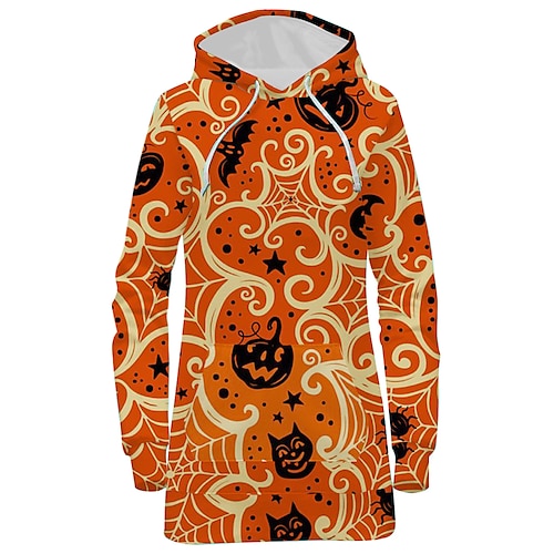 

Women's Pullover Hoodie Dress Pumpkin Bat Spider web Front Pocket Print Halloween Weekend 3D Print Streetwear Long Clothing Apparel Hoodies Sweatshirts Orange