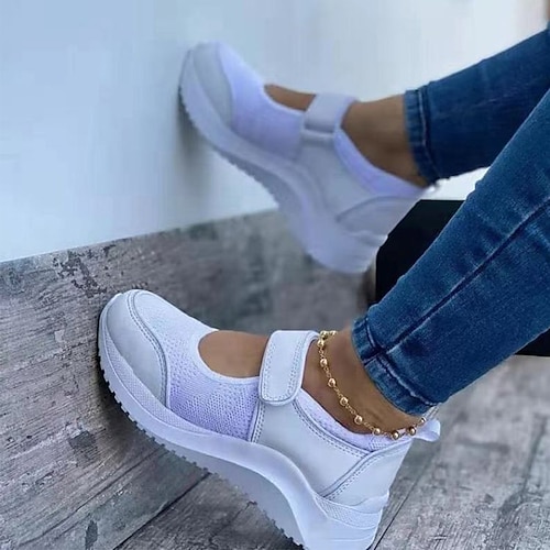 

Women's Sneakers Office Work Daily Plus Size Flyknit Shoes White Shoes Buckle Flat Heel Round Toe Casual Minimalism Walking Shoes Tissage Volant Magic Tape Solid Colored Rosy Pink Red Blue