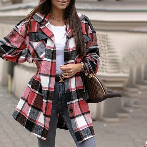 

Women's Casual Jacket Windproof Warm Outdoor Christmas Street Vacation Smocked Single Breasted Turndown Street Style Shacket Stripes and Plaid Regular Fit Outerwear Long Sleeve Winter Fall Green Red