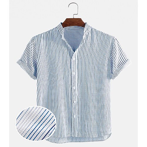 

Men's Seersucker Shirt Striped Turndown Blue Street Daily Short Sleeve Button-Down Clothing Apparel Lightweight Soft Breathable Comfortable / Summer / Summer / Sports