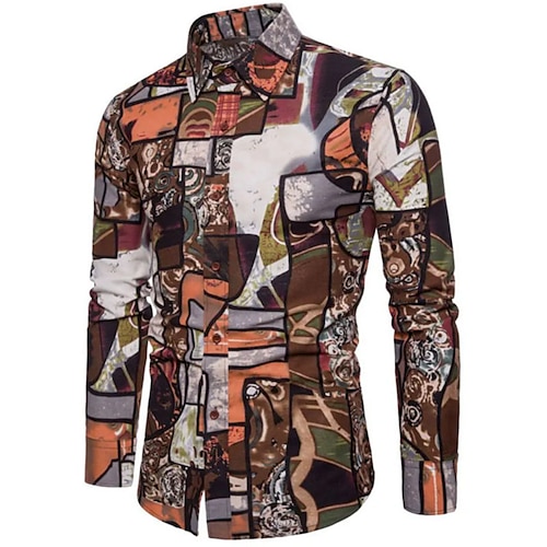 

Men's Shirt 3D Print Color Block Turndown Street Casual Button-Down Print Long Sleeve Tops Casual Vintage Retro Breathable Khaki