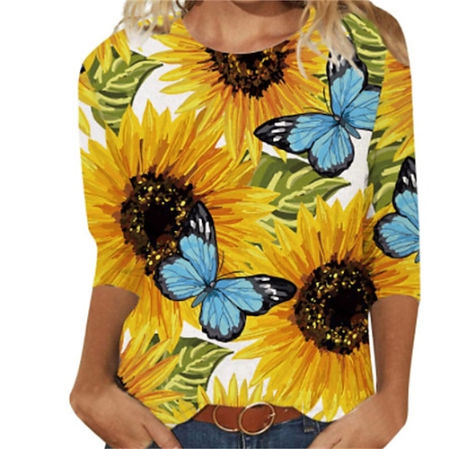 

Women's T shirt Tee Graphic Sunflower Casual Weekend T shirt Tee Long Sleeve Print Round Neck Basic Green White Black S / 3D Print