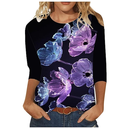 

Women's T shirt Tee Graphic Casual Weekend T shirt Tee Long Sleeve Print Round Neck Basic Green Black Blue S / 3D Print