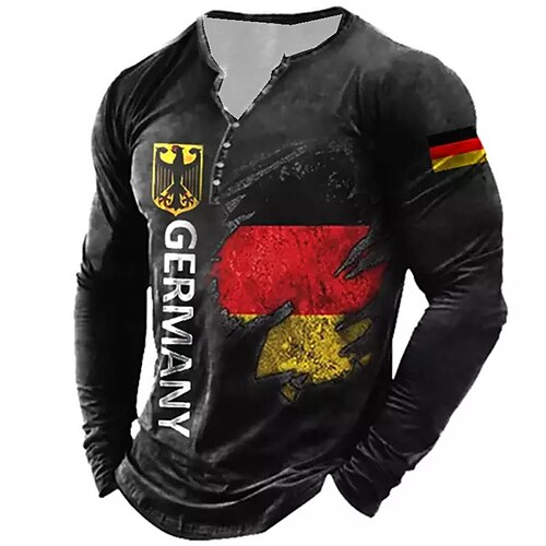 

Men's T shirt Tee Henley Shirt Tee Graphic National Flag Henley Black Long Sleeve 3D Print Plus Size Outdoor Daily Button-Down Print Tops Basic Designer Classic Comfortable / Sports