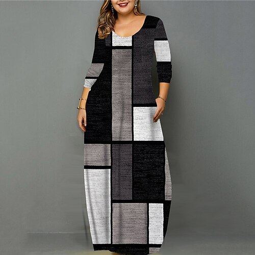 

Women's Plus Size Casual Dress Color Block U Neck Print Long Sleeve Fall Spring Casual Vintage Maxi long Dress Causal Daily Dress / 3D Print