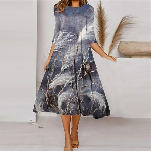 

Women's Casual Dress Shift Dress Midi Dress Green Blue Purple 3/4 Length Sleeve Floral Print Ruched Print Fall Winter Round Neck Casual Vacation 2022 S M L XL XXL 3XL