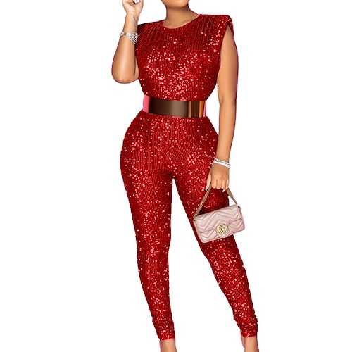 

Women's Jumpsuit High Waist Sequin Solid Color Crew Neck Streetwear Going out Club Regular Fit Sleeveless Green Silver Gold S M L Winter