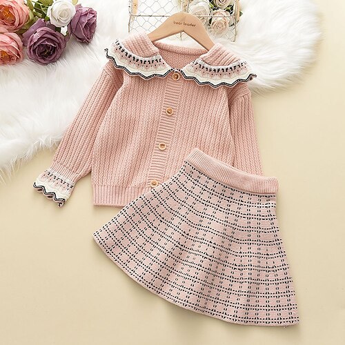 

Kids Toddler Girls' SkirtSet Clothing Set 2 Pieces Long Sleeve White Pink Red Plaid Ruched Patchwork Fashion Cute Regular 2-6 Years / Fall / Winter