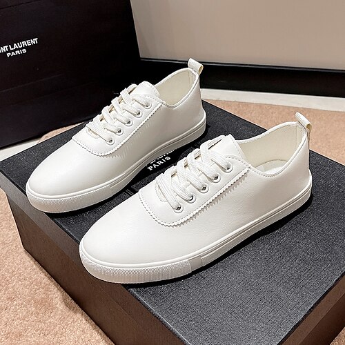 

Women's Sneakers White Shoes Flat Heel Round Toe Walking Shoes PU Leather Lace-up Black Rosy Pink Beige