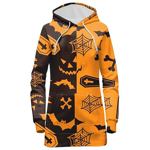 

Women's Pullover Hoodie Dress Pumpkin Bat Spider web Front Pocket Print Halloween Weekend 3D Print Streetwear Long Clothing Apparel Hoodies Sweatshirts Orange