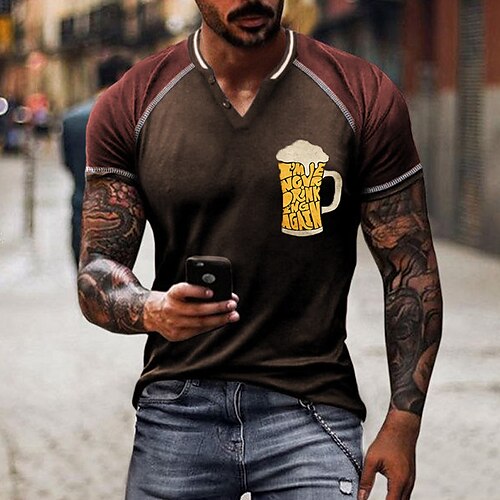 

Men's Unisex T shirt Tee 3D Print Color Block Graphic Prints Beer V Neck Street Daily Patchwork Button-Down Short Sleeve Tops Designer Casual Big and Tall Sports Coffee / Summer / Summer