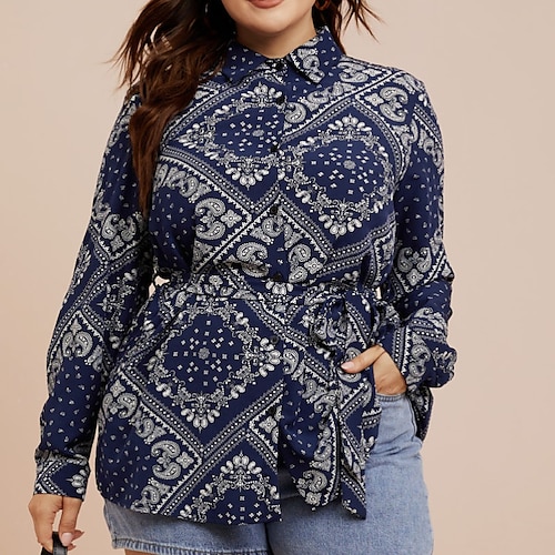 

Women's Plus Size Tops Blouse Shirt Floral Print Long Sleeve High Neck Streetwear Daily Going out Polyester Fall Winter Navy Blue