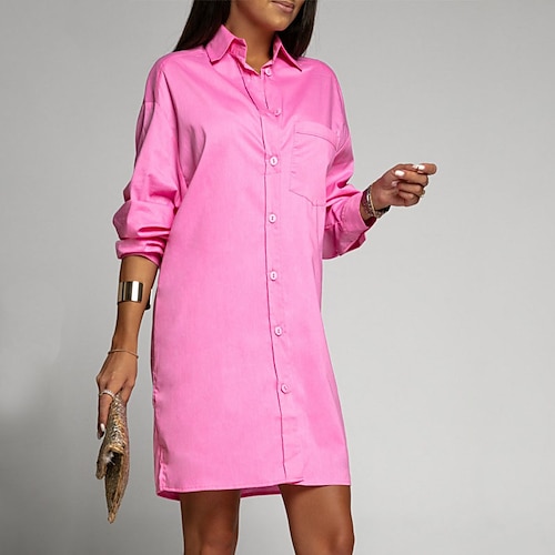 

Women's Shirt Dress Shift Dress Short Mini Dress Light Pink Long Sleeve Pure Color Pocket Button Fall Winter Shirt Collar Stylish Casual Loose 2022 S M L XL XXL 3XL / Cotton