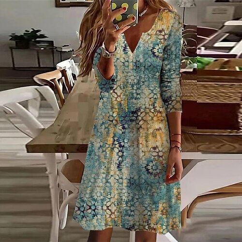 

Women's A Line Dress Knee Length Dress Black Khaki 3/4 Length Sleeve Floral Polka Dot Print Fall Winter V Neck Loose 2022 S M L XL XXL