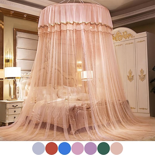 

Princess Bed Canopy for Girls Double Layer Sheer Mesh Dome Elegant Embroidery Lace Mosquito Net Bed Curtain for Full Queen King Bed