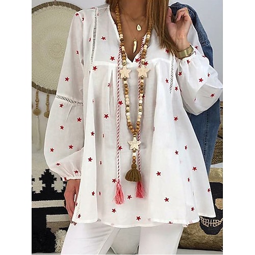 

Women's Blouse Star Daily Weekend Blouse Shirt Long Sleeve Print V Neck Casual Streetwear White Yellow Red L