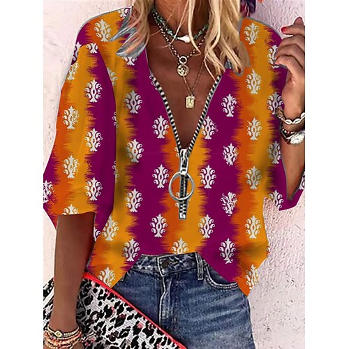 

Women's Blouse Graphic Daily Weekend Blouse Shirt Long Sleeve Quarter Zip Print V Neck Casual Streetwear Orange S / 3D Print